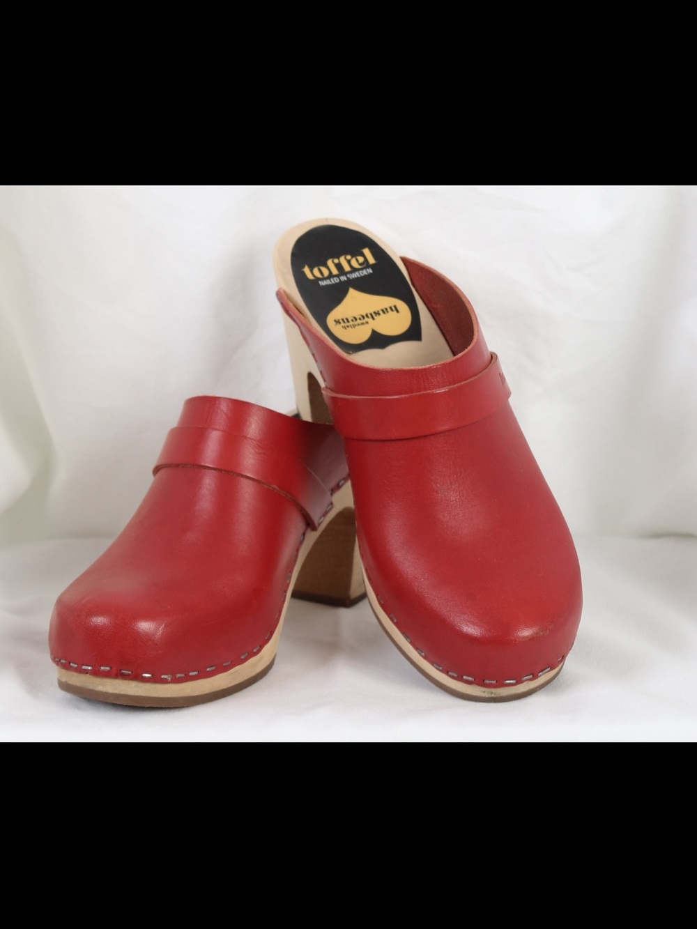 Hasbeens Toffel Swedish Born Red Leather Clog Mules with Wood Block Heel size 38 - Picture 9 of 9